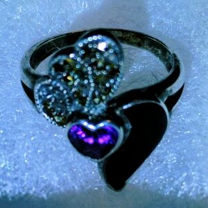 Silver Ring with Purple Amethyst Heart and Black Onyx & Marcasite Detail